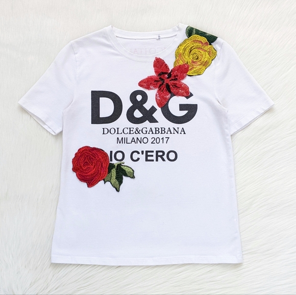 Dolce & Gabbana White Floral Embroidered "io C'ero" Print Tee | Size S - Picture 6 of 15